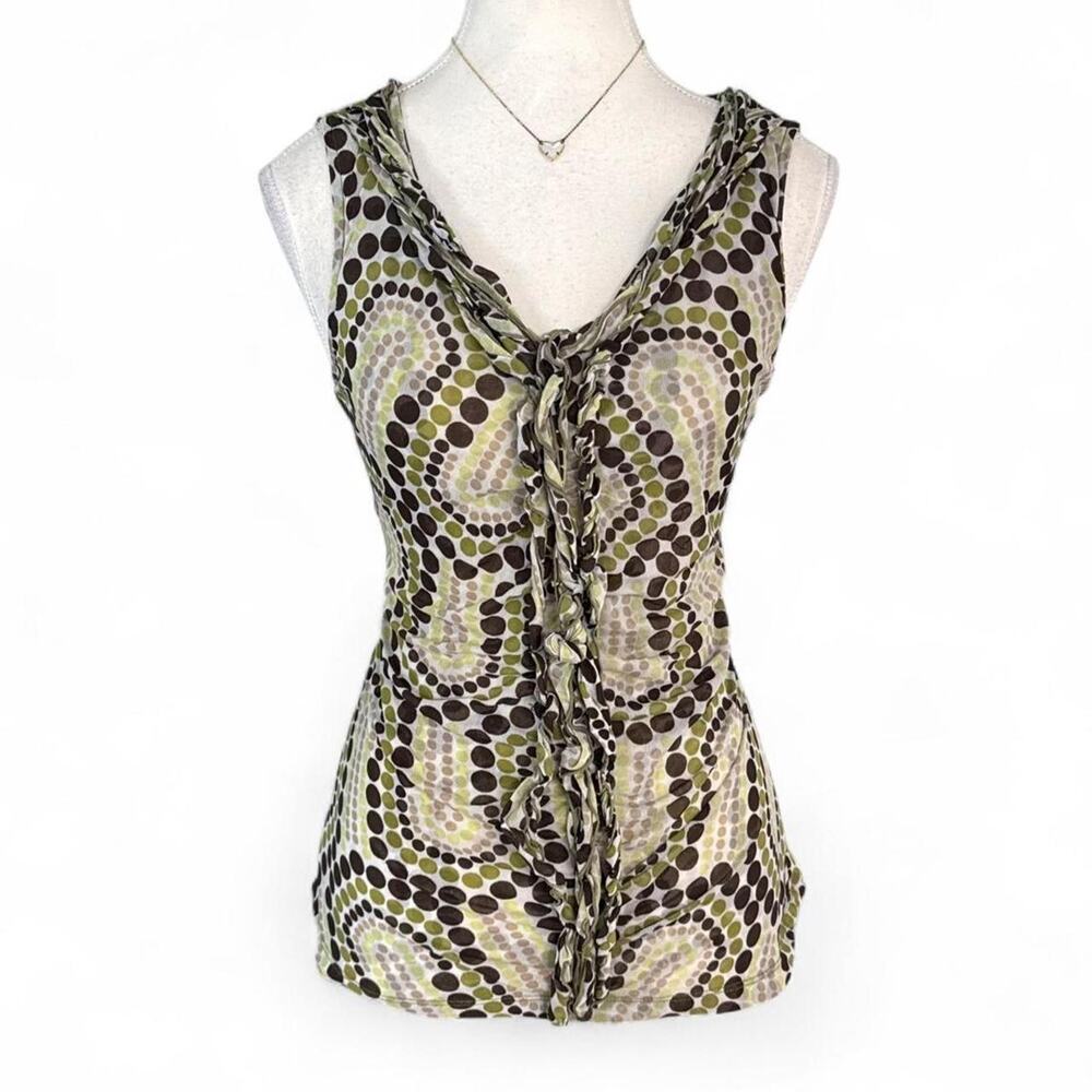 Y2K green and brown polka dot paisley print ruffle tie blouse size M nyc girl